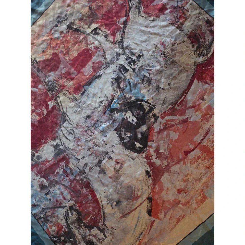 Vintage Equestrian Print Silk Square Scarf Teal Burgundy French Inscription